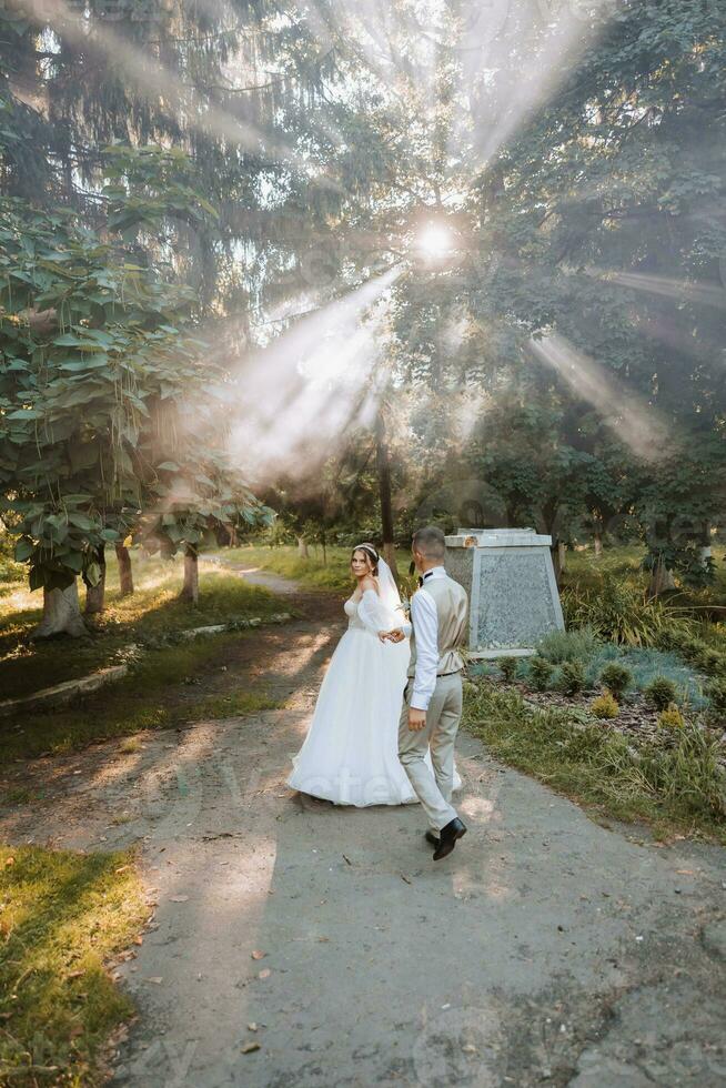 lindo casal dentro amor em seus Casamento dia. uma andar dentro a parque dentro a luz solar através a folhas do a árvores, a noiva conduz a noivo. surpreendente Beijos e abraços foto