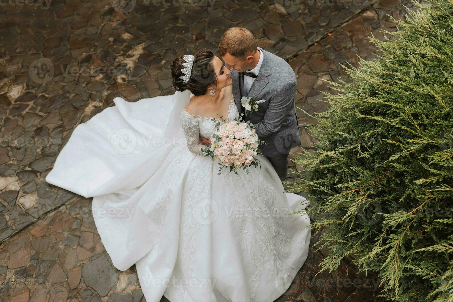 Casamento foto. a noiva dentro uma volumoso branco vestir e uma grandes véu carrinhos com a noivo dentro a parque em uma pedra caminho. Visão a partir de acima. retrato do a noiva. lindo cachos. lindo inventar. foto