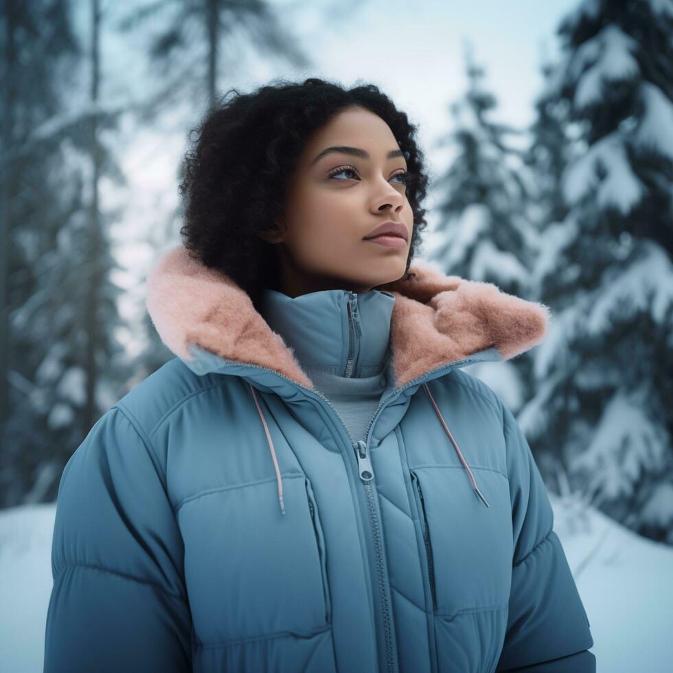 ai gerado uma jovem mulher dentro uma azul inverno Jaqueta ai gerado foto