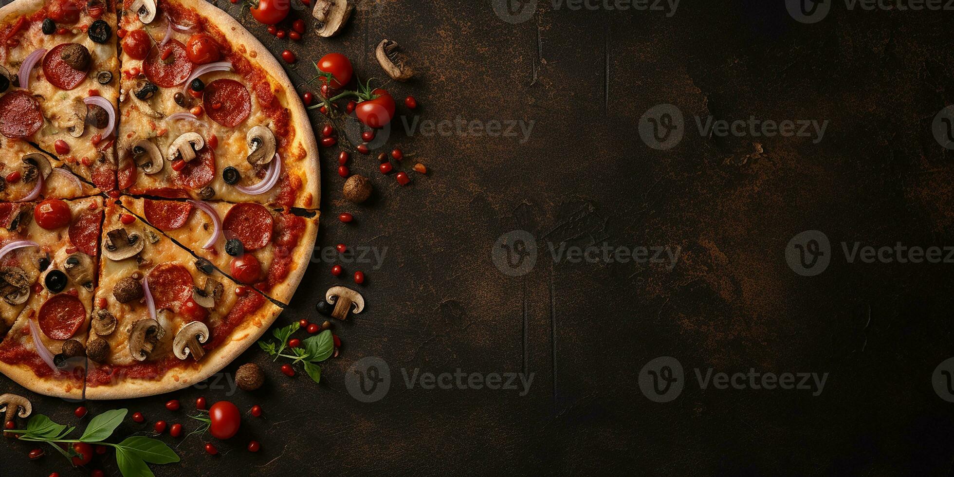 ai gerado plano deitar com pizza. delicioso pizza com legumes e salsicha, topo visualizar, com espaço para texto foto