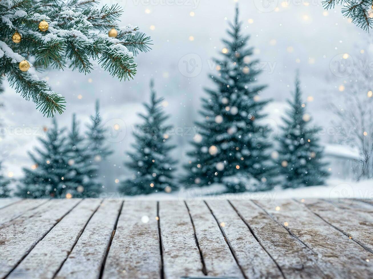 ai gerado Nevado inverno cena com a esvaziar de madeira mesa. Natal árvore e queda neve em uma borrado fundo foto
