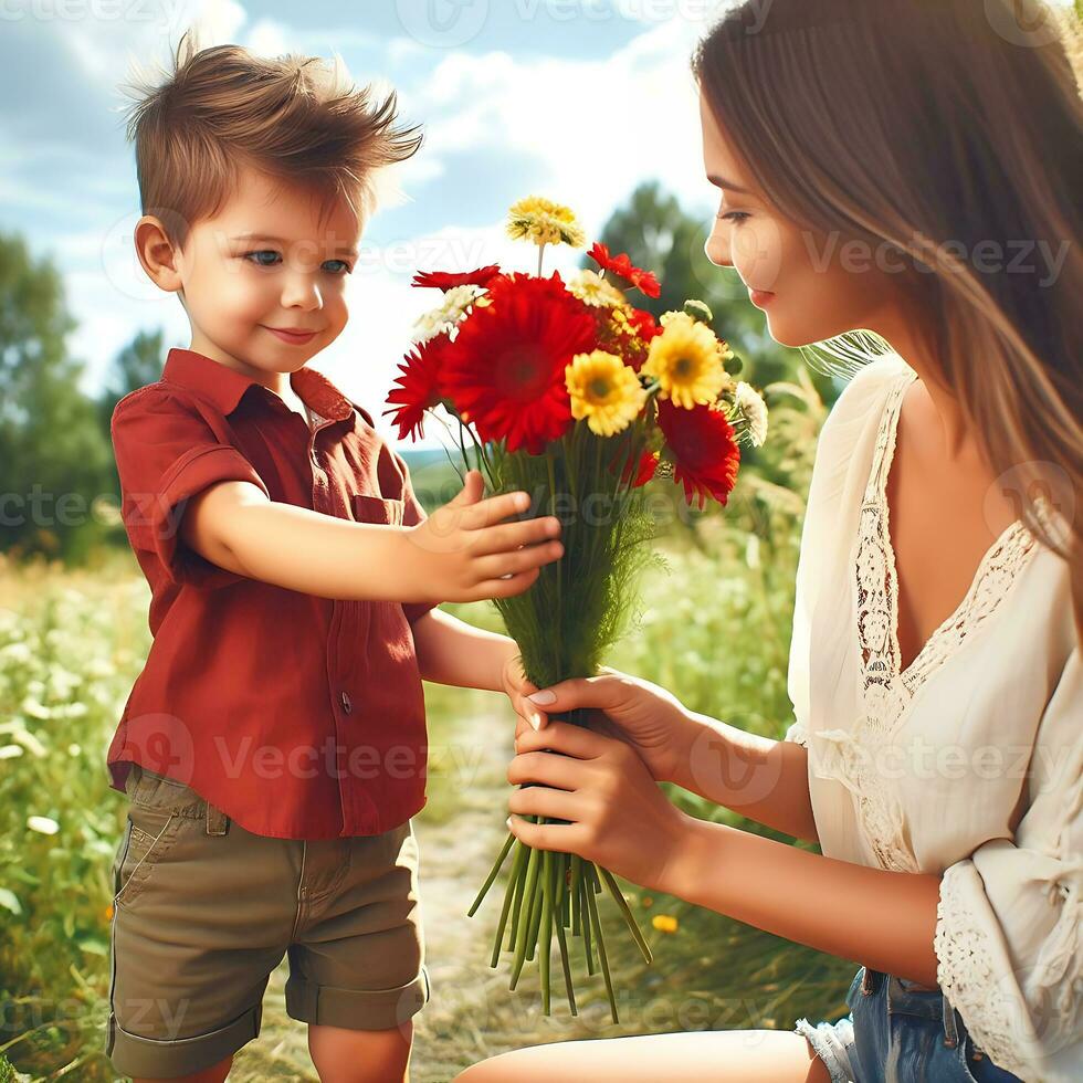 ai gerado uma pequeno criança dando flores para dele mãe foto