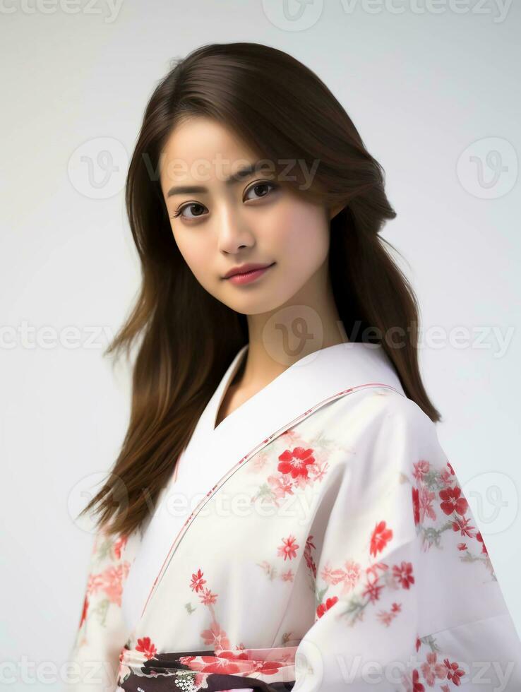 ai gerado retrato do uma jovem japonês fêmea modelo vestindo uma quimono posando graciosamente, isolado branco fundo, ai generativo foto