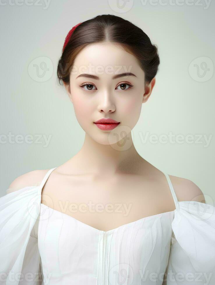 ai gerado retrato do jovem japonês mulher vestindo balé vestir em isolado branco fundo, ai generativo foto