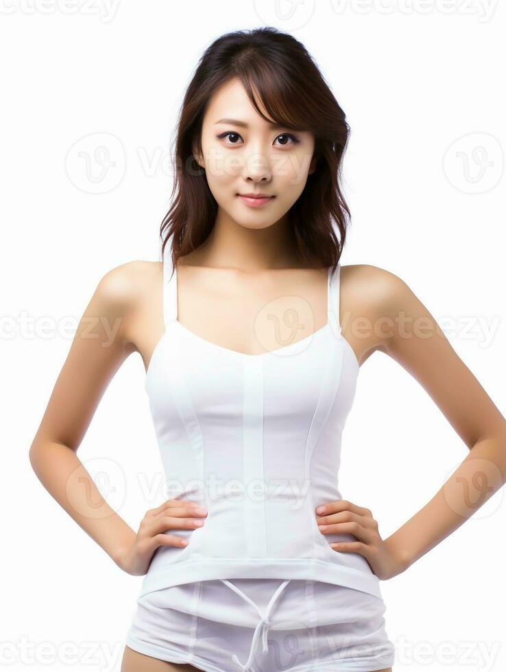 ai gerado roupa íntima modelo foto, lindo japonês fêmea modelo com puro branco pele, Como uma roupas modelo foto, lindo sorrir expressão, gracioso pose, estúdio foto, isolado branco fundo foto