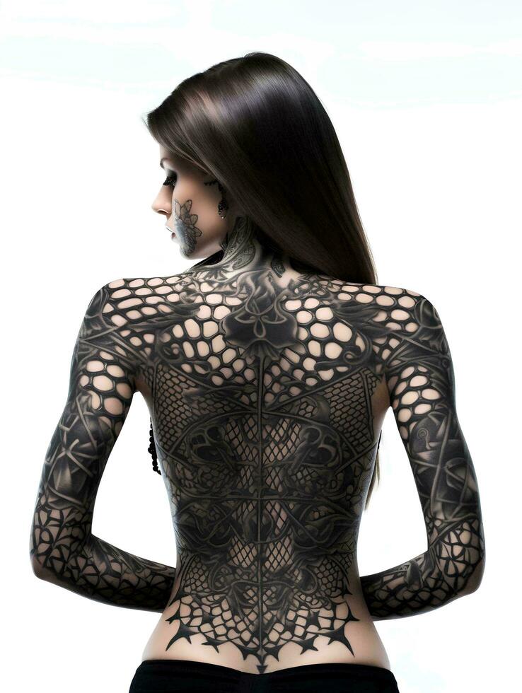 ai gerado uma lindo mulher vestido dentro acanhado roupas, fino Preto tatuagens serpenteando todos sobre dela corpo, foto ocupado a partir de a voltar, estúdio foto, isolado branco fundo, ai generativo