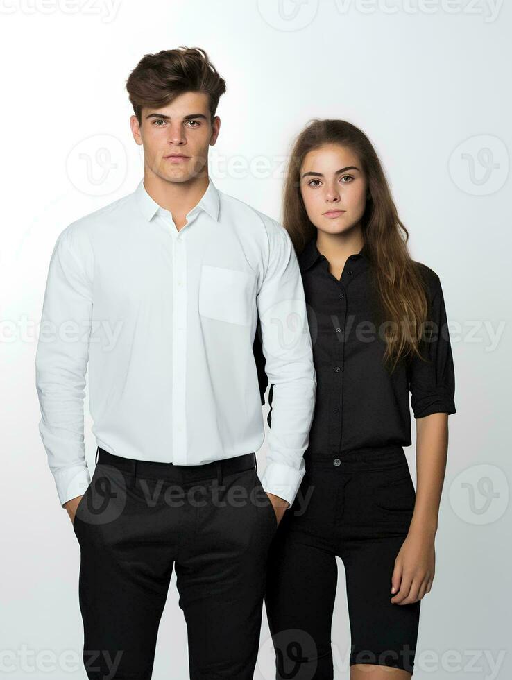 ai gerado retrato do uma jovem casal modelo vestindo avião camisas foto