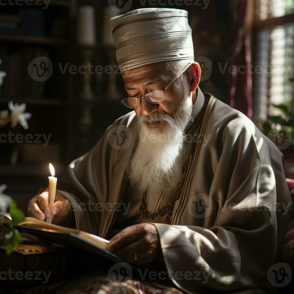 ai gerado a idosos muçulmano homem lê a al Alcorão de luz de velas. generativo ai foto