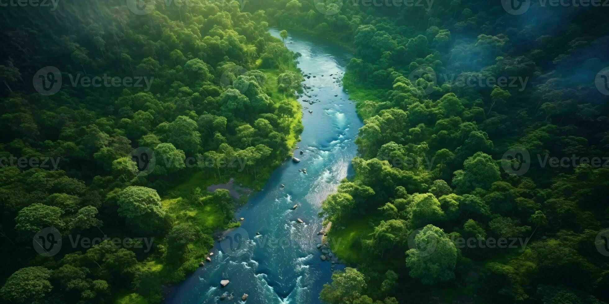 ai gerado aéreo Visão do verde floresta e rio. generativo ai foto