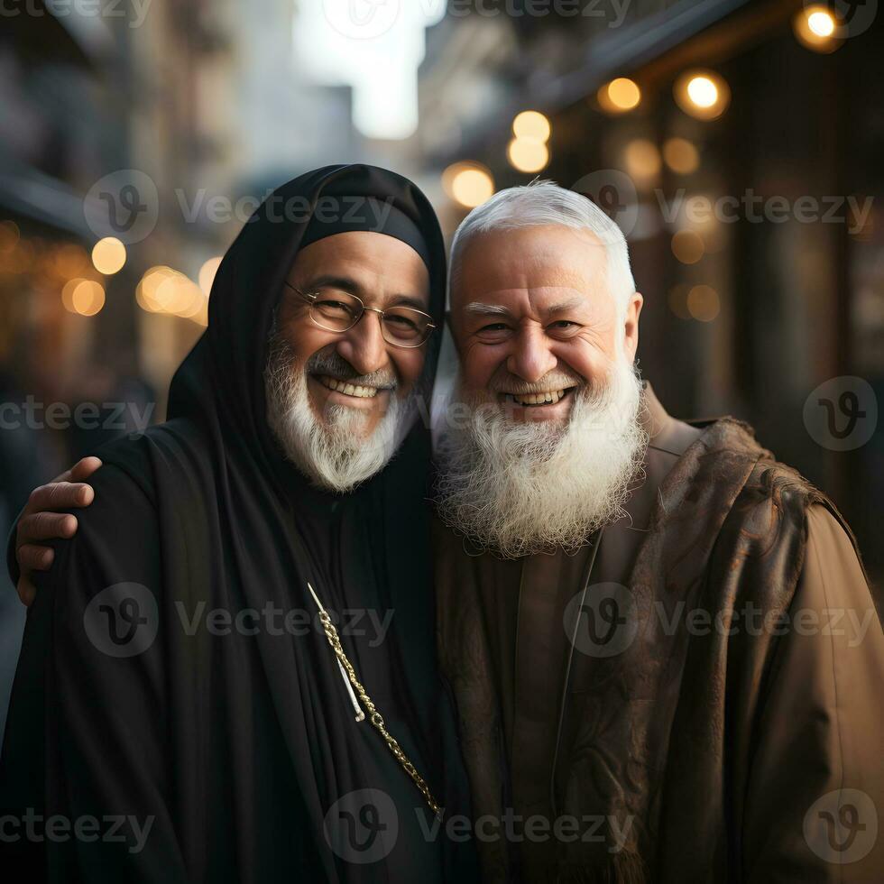 ai gerado retrato do muçulmano imam e cristão sacerdote abraçando cada outro. generativo ai foto