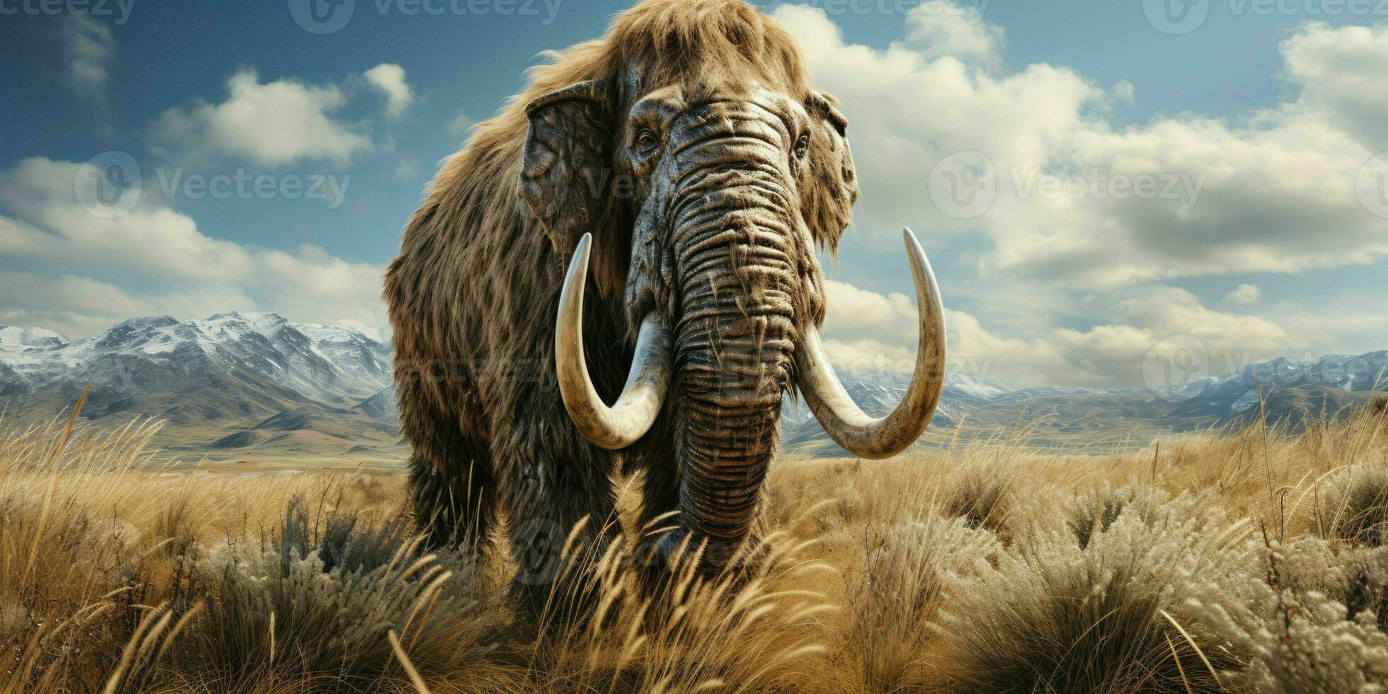 ai gerado uma lanoso mamute com grande pastagens e montanhas fundo. generativo ai foto