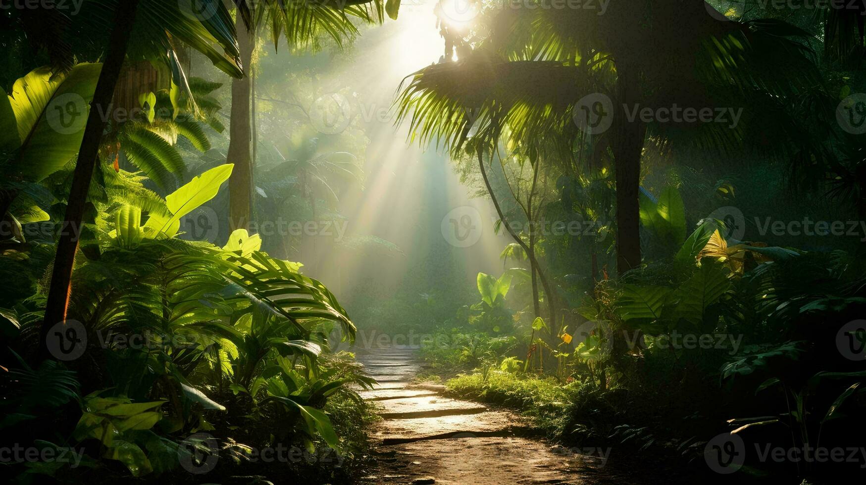 ai gerado uma brilhante manhã dentro uma tropical floresta com luz solar brilhando através entre a folhas, plantas este prosperar sem ar poluição foto