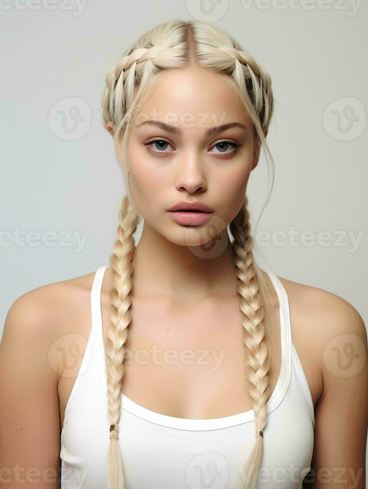 ai gerado retrato do lindo jovem mulher com grandes trançado Loiras cabelo, isolado branco fundo, ai generativo foto