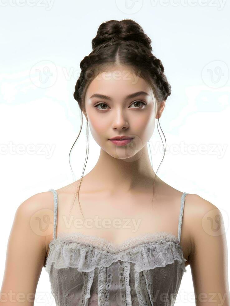 ai gerado retrato do lindo japonês mulher com trançado cabelo vestindo balé vestir, isolado branco fundo, ai generativo foto