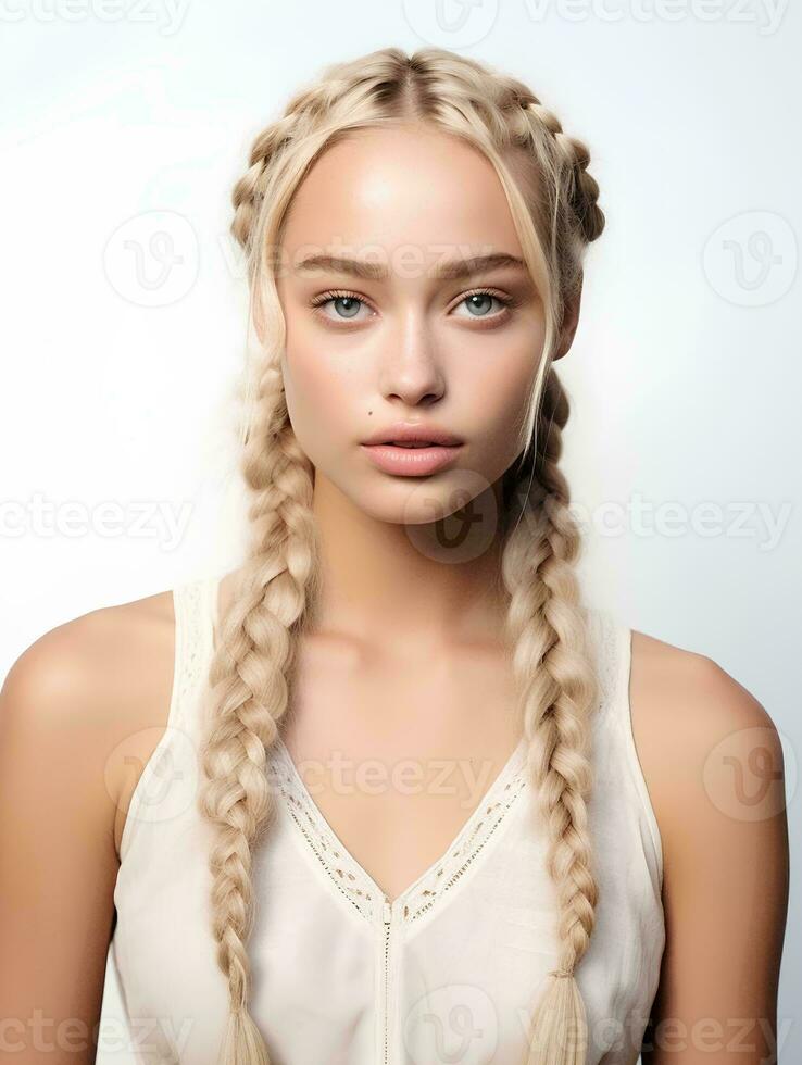 ai gerado retrato do lindo jovem mulher com grandes trançado Loiras cabelo, isolado branco fundo, ai generativo foto