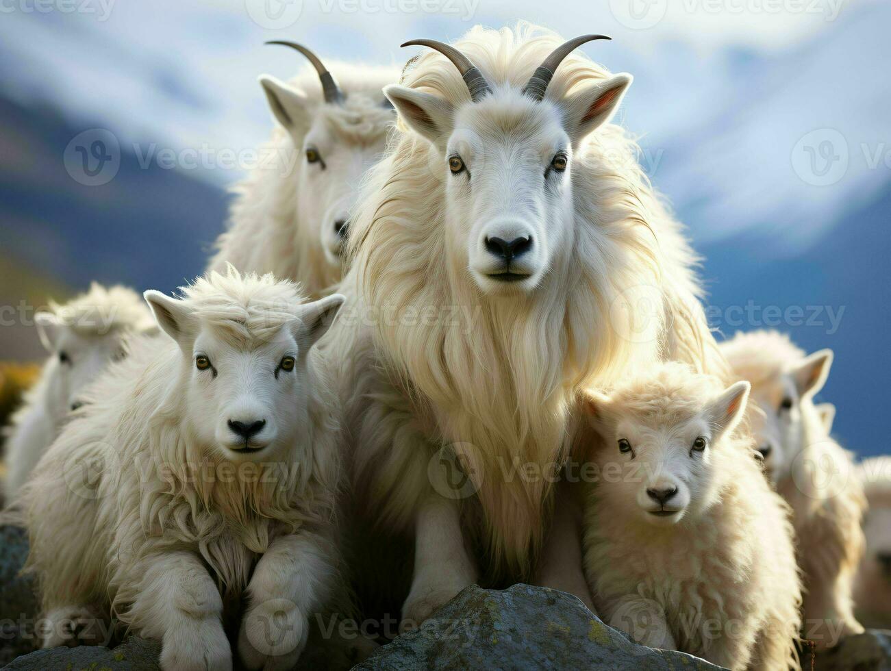 ai gerado rebanho do montanha cabras em uma rochoso colina. generativo ai foto