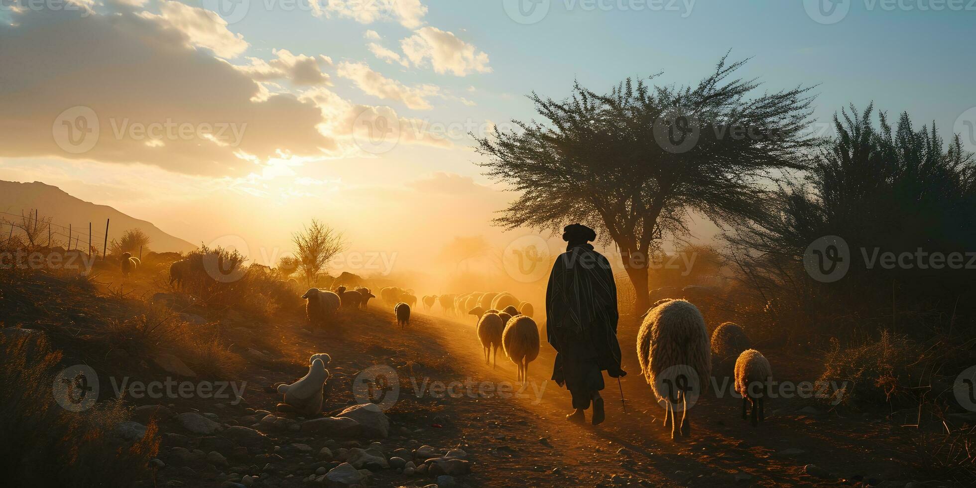 ai gerado uma meio Oriental homem manadas uma rebanho do ovelha dentro uma deserto vale às pôr do sol. generativo ai foto