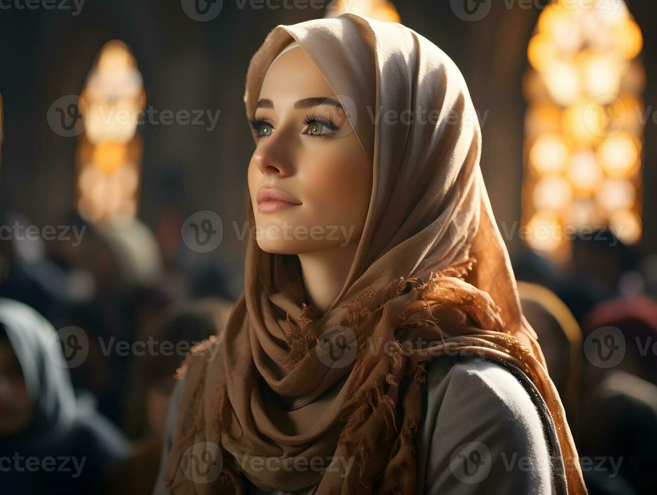 ai gerado lindo muçulmano mulher dentro hijab senta dentro mesquita, ouvindo para sermão, generativo ai foto