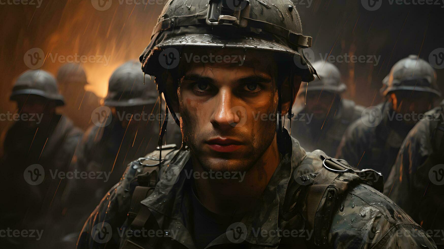 ai gerado retrato do uma soldado dentro uma guerra zona. homem dentro batalha. generativo ai foto