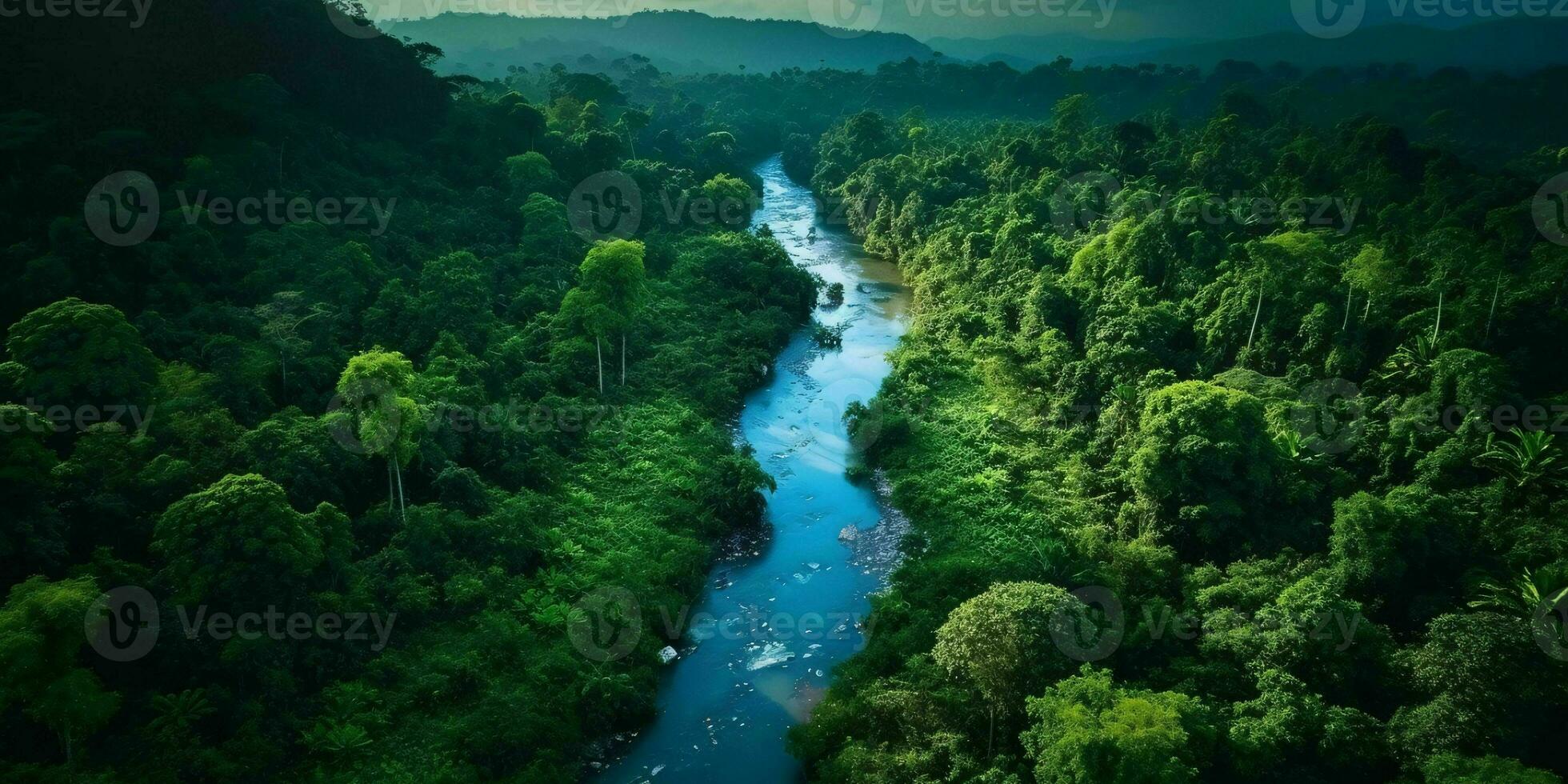 ai gerado aéreo Visão do verde floresta e rio. generativo ai foto