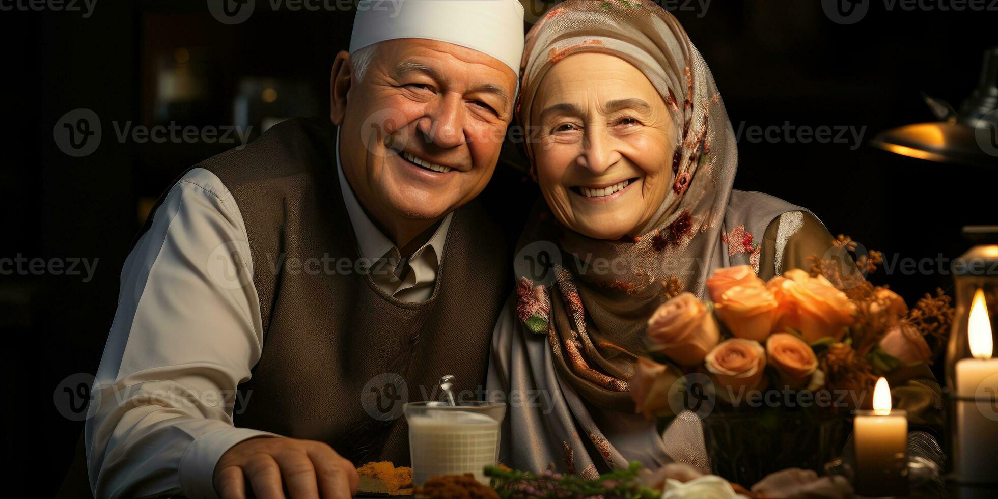 ai gerado feliz e romântico velho muçulmano casal. generativo ai foto