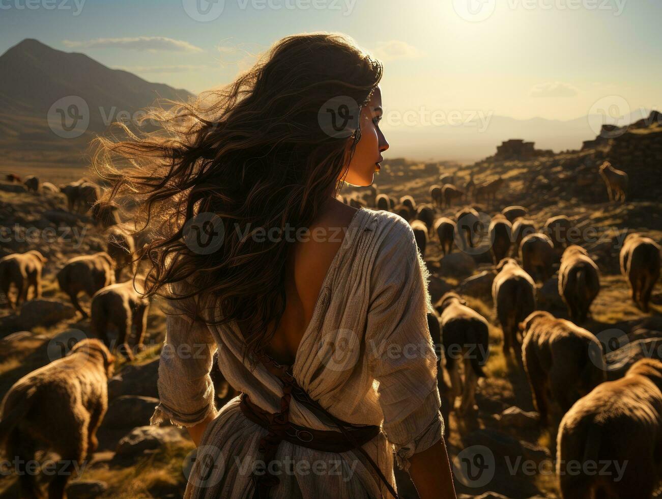 ai gerado lindo meio Oriental mulher pastoreio cabras e ovelha dentro a campo. uma pastor mulher dentro a pasto. generativo ai foto