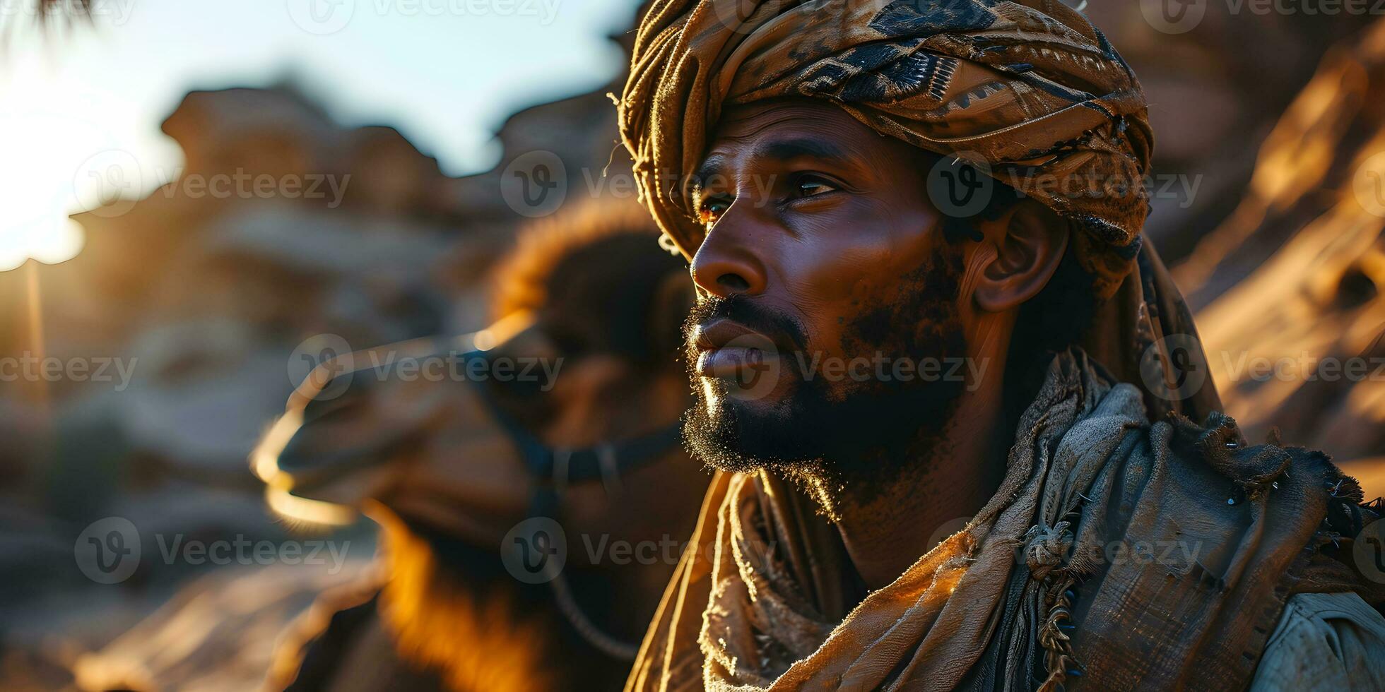 ai gerado meio Oriental homem com dele camelos dentro a deserto às pôr do sol. generativo ai foto