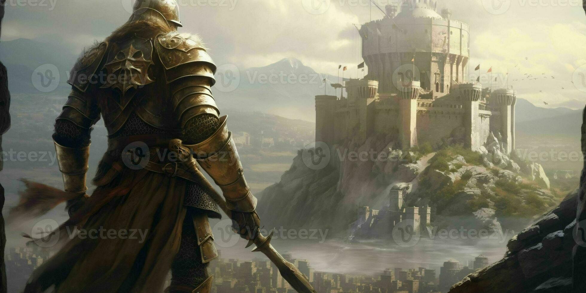 ai gerado uma medieval Guerreiro com uma majestoso castelo dentro frente do ele. generativo ai foto