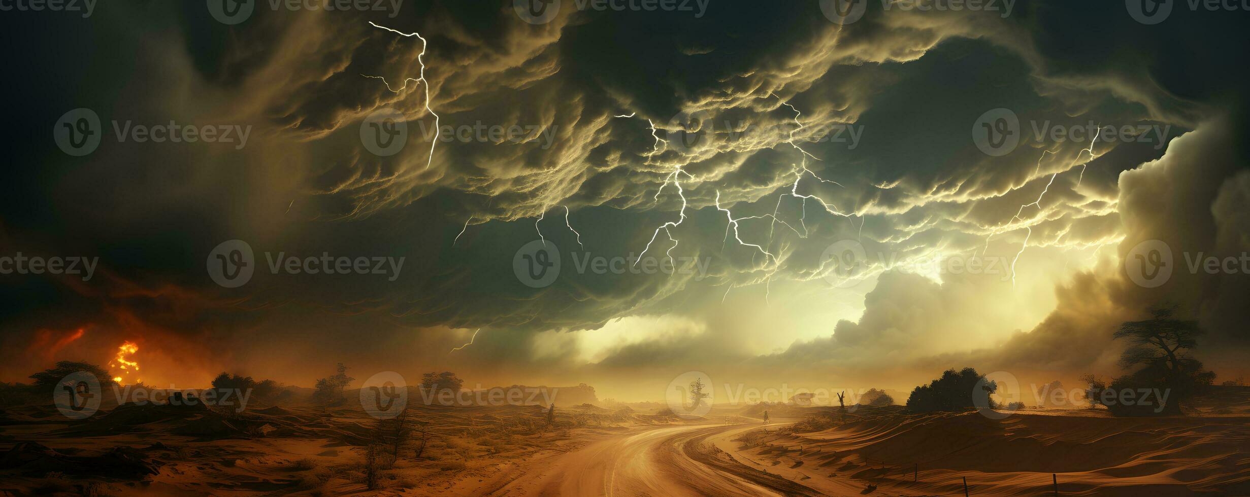 ai gerado tormentoso céu com relâmpago greves dentro a deserto. tempestade de areia panorama. generativo ai foto
