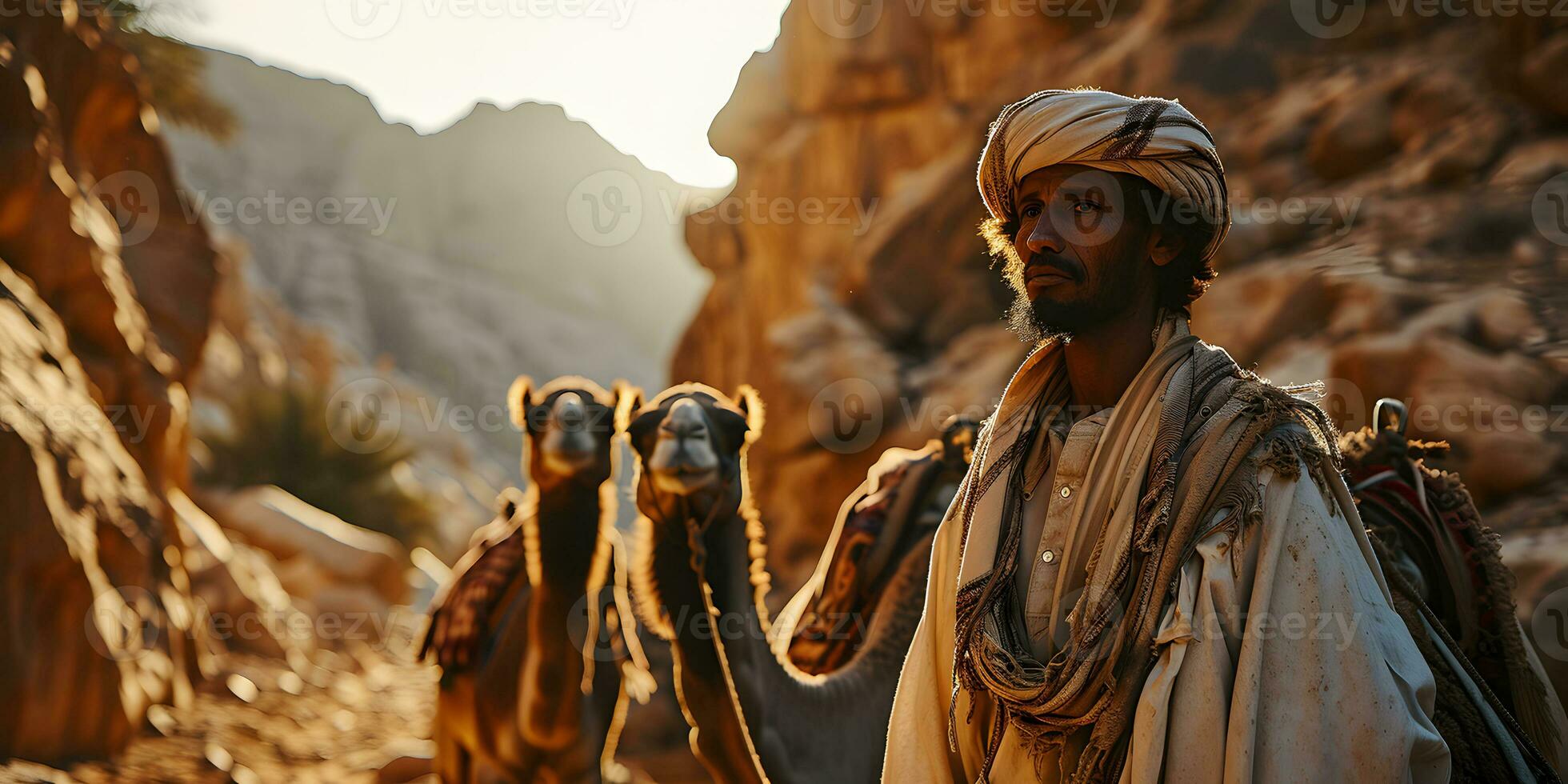 ai gerado meio Oriental homem com dele camelos dentro a deserto às pôr do sol. generativo ai foto