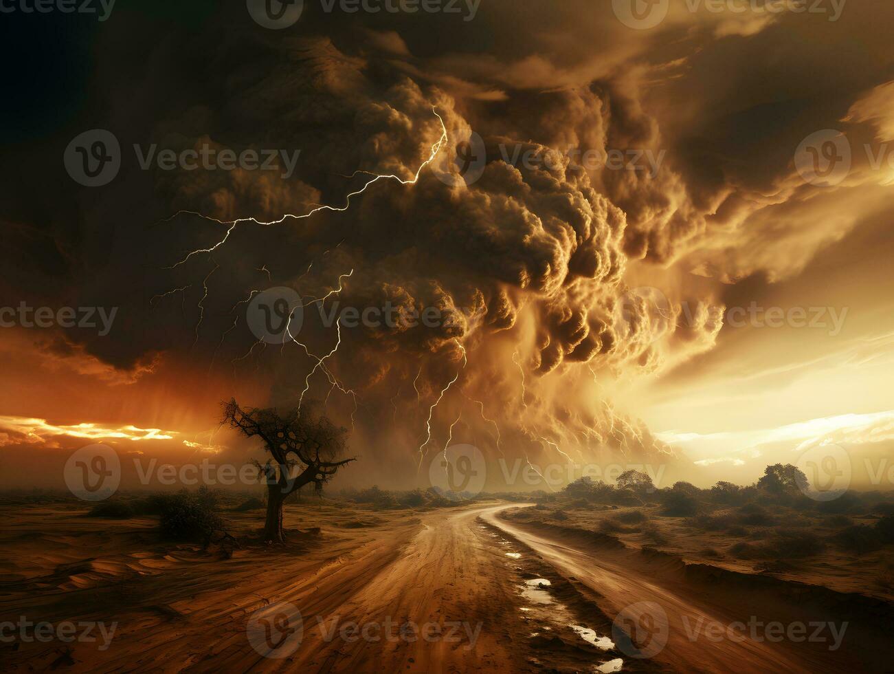 ai gerado tormentoso céu com relâmpago greves dentro a deserto. tempestade de areia panorama. generativo ai foto