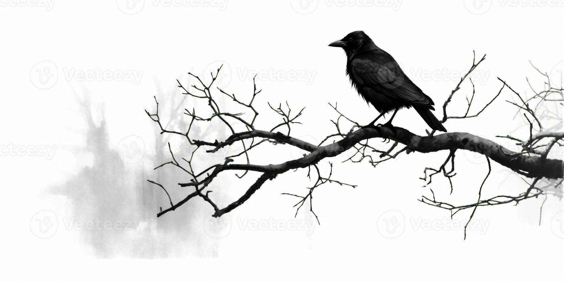 ai gerado Corvo empoleirado em uma árvore ramo isolado em branco fundo. Raven. generativo ai foto