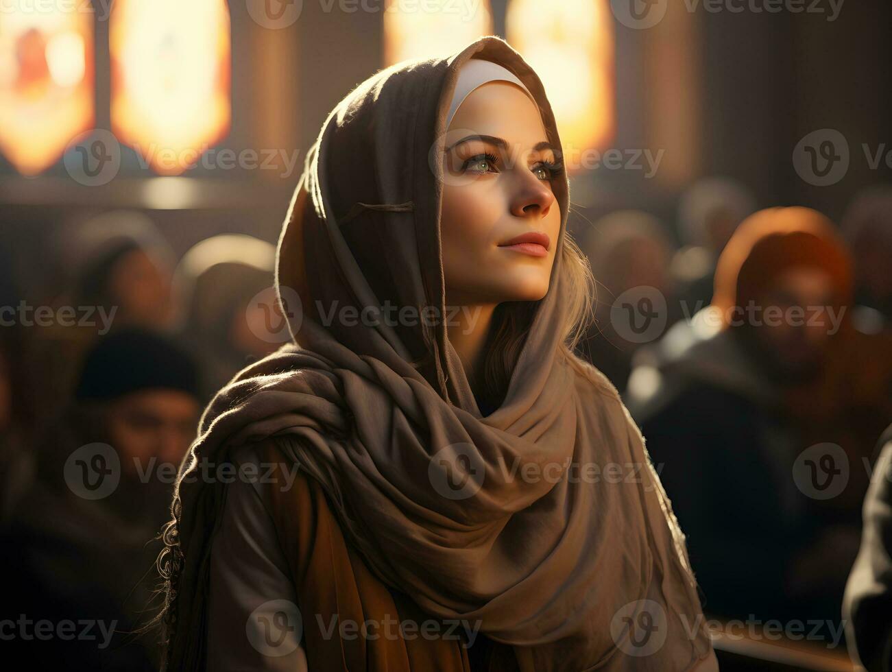 ai gerado lindo muçulmano mulher dentro hijab senta dentro mesquita, ouvindo para sermão, generativo ai foto