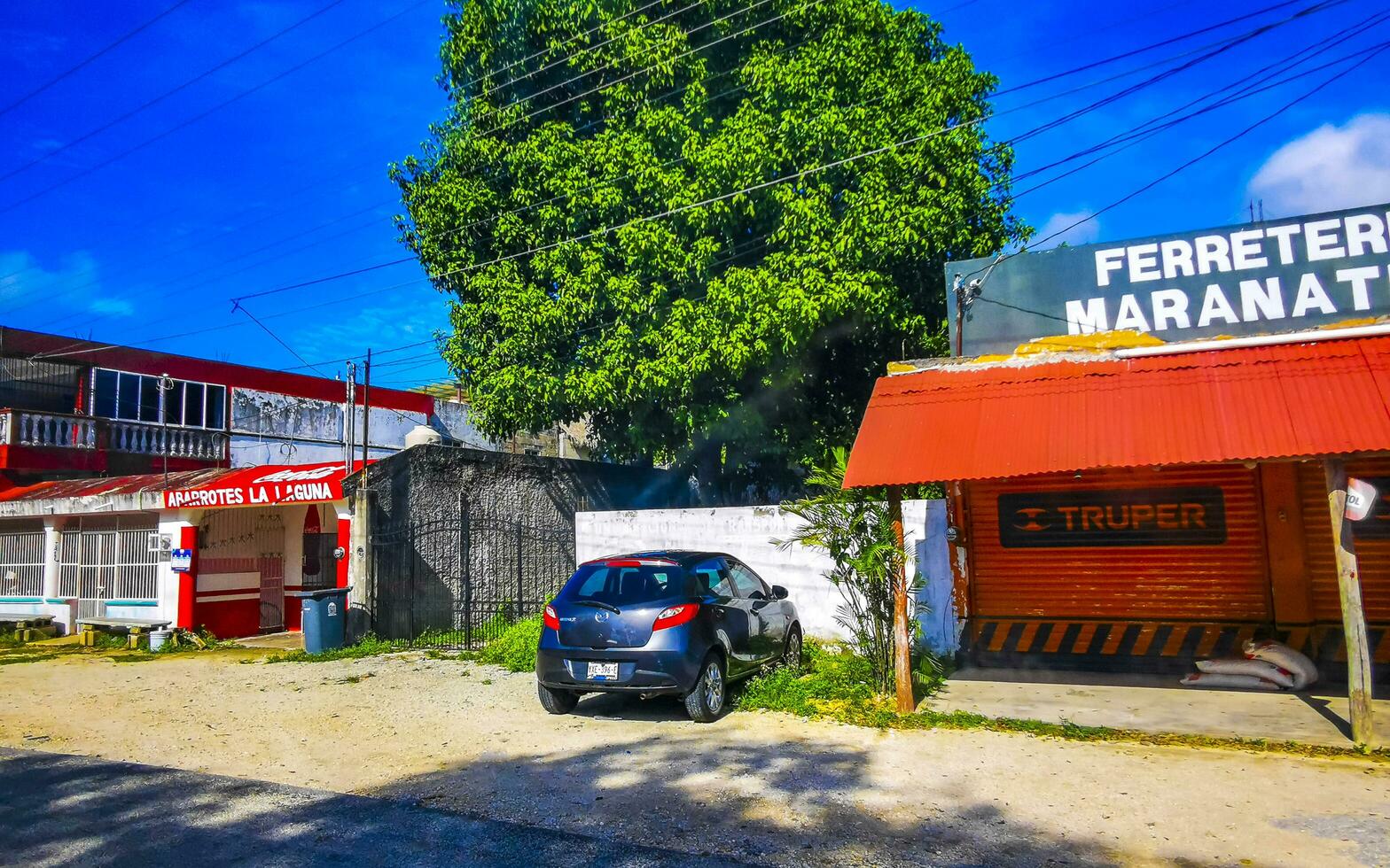 Tulum quintan roo México 2023 típica colorida rua estrada tráfego carros Palmeiras do Tulum México. foto