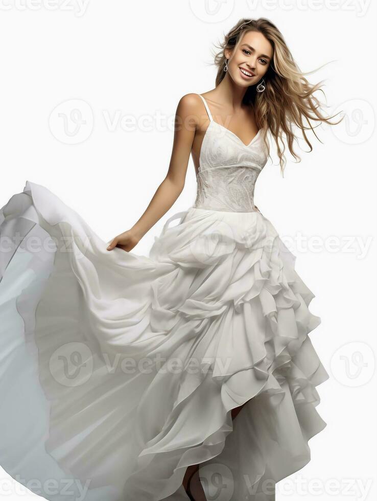 ai gerado retrato do uma Casamento vestir modelo, lindo puro branco fêmea modelo, Como uma foto do uma com borlas vestir modelo, lindo sorridente expressão, gracioso pose