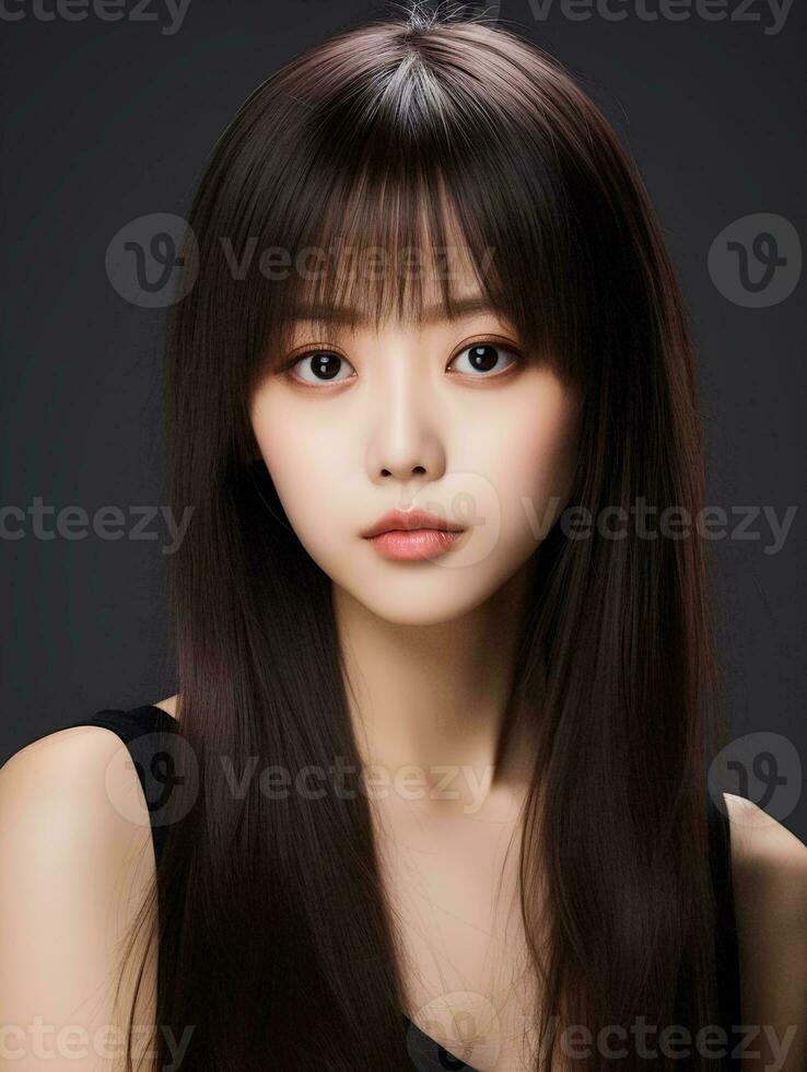 ai gerado retrato do lindo jovem coreano mulher com grandes em linha reta cabelo com suave franja, ai generativo foto