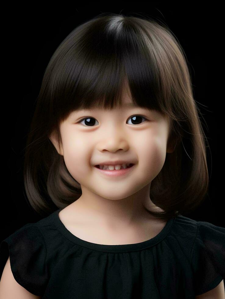 ai gerado retrato do fofa e lindo pequeno japonês garota, sorridente expressão, isolado Preto fundo, ai generativo foto