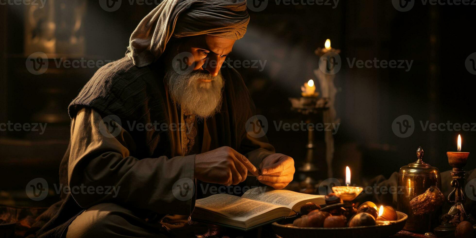 ai gerado a idosos muçulmano homem lê a al Alcorão de luz de velas. generativo ai foto