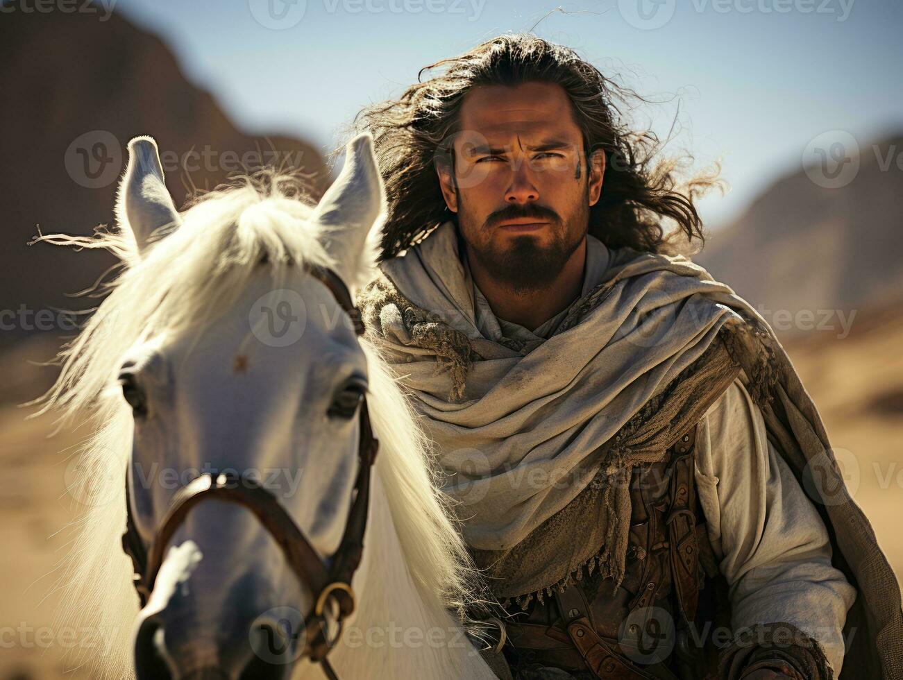 ai gerado meio Oriental homem equitação uma cavalo dentro a deserto. árabe homem equitação cavalo. generativo ai foto