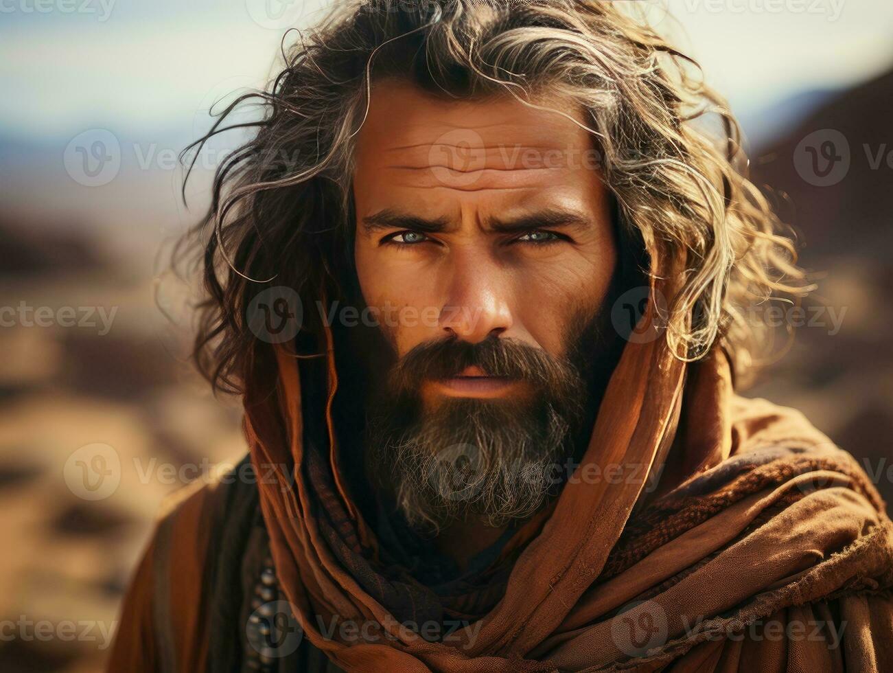 ai gerado uma barbudo e cabeludo meio Oriental homem vestindo uma lenço de cabeça dentro a deserto. generativo ai foto
