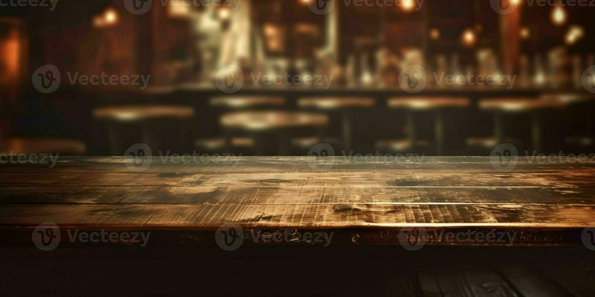 ai gerado esvaziar de madeira mesa com bokeh cafeteria fundo e dourado luzes. generativo ai foto