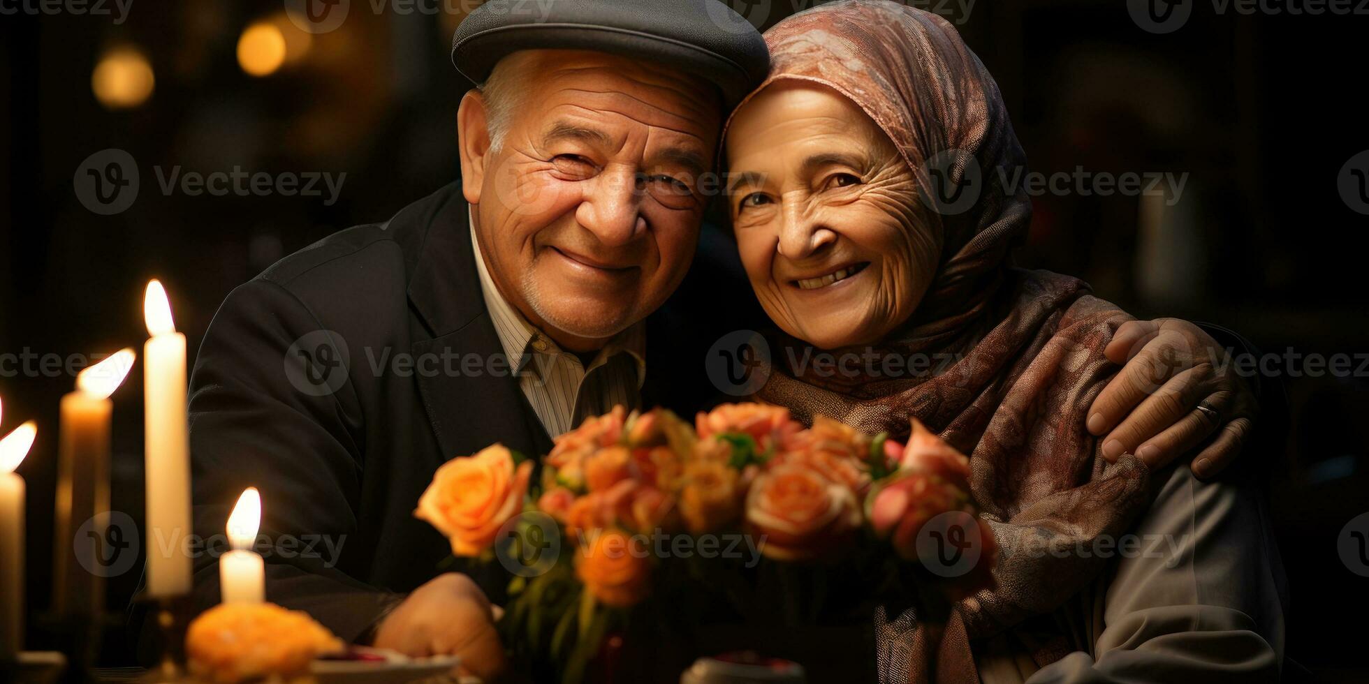 ai gerado feliz e romântico velho muçulmano casal. generativo ai foto