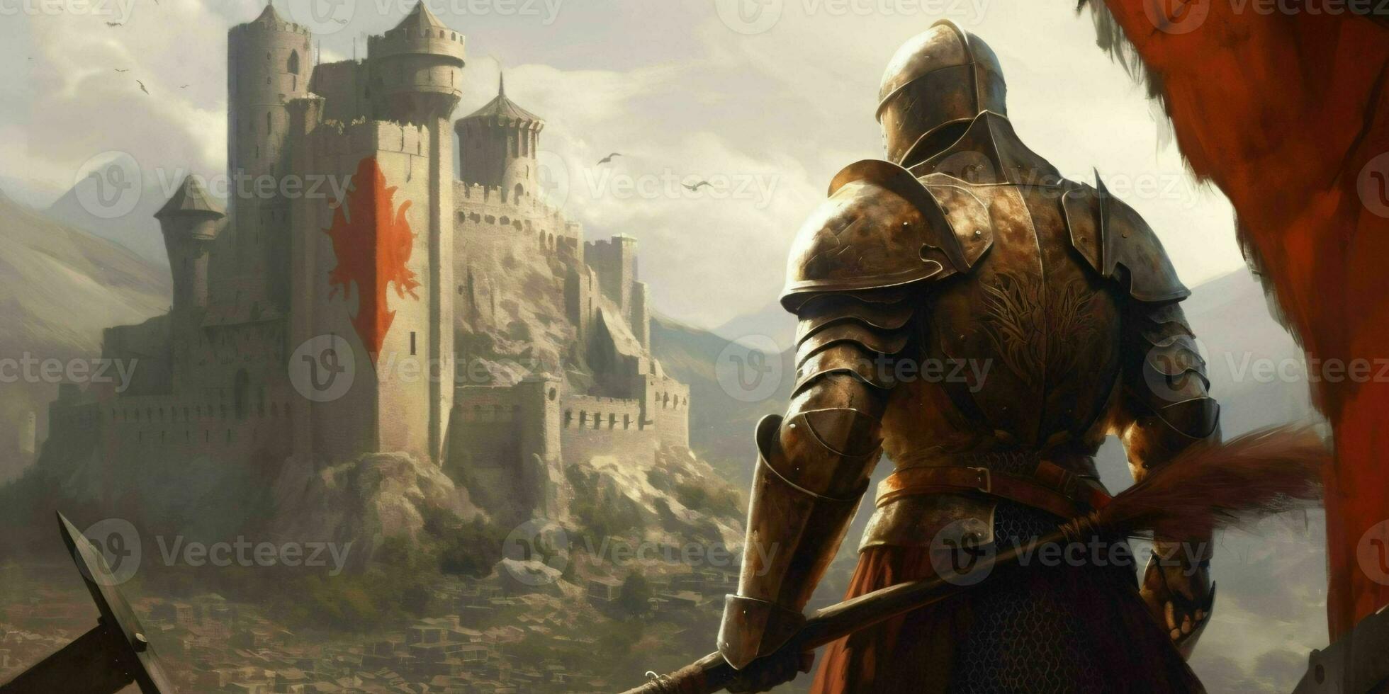 ai gerado uma medieval Guerreiro com uma majestoso castelo dentro frente do ele. generativo ai foto