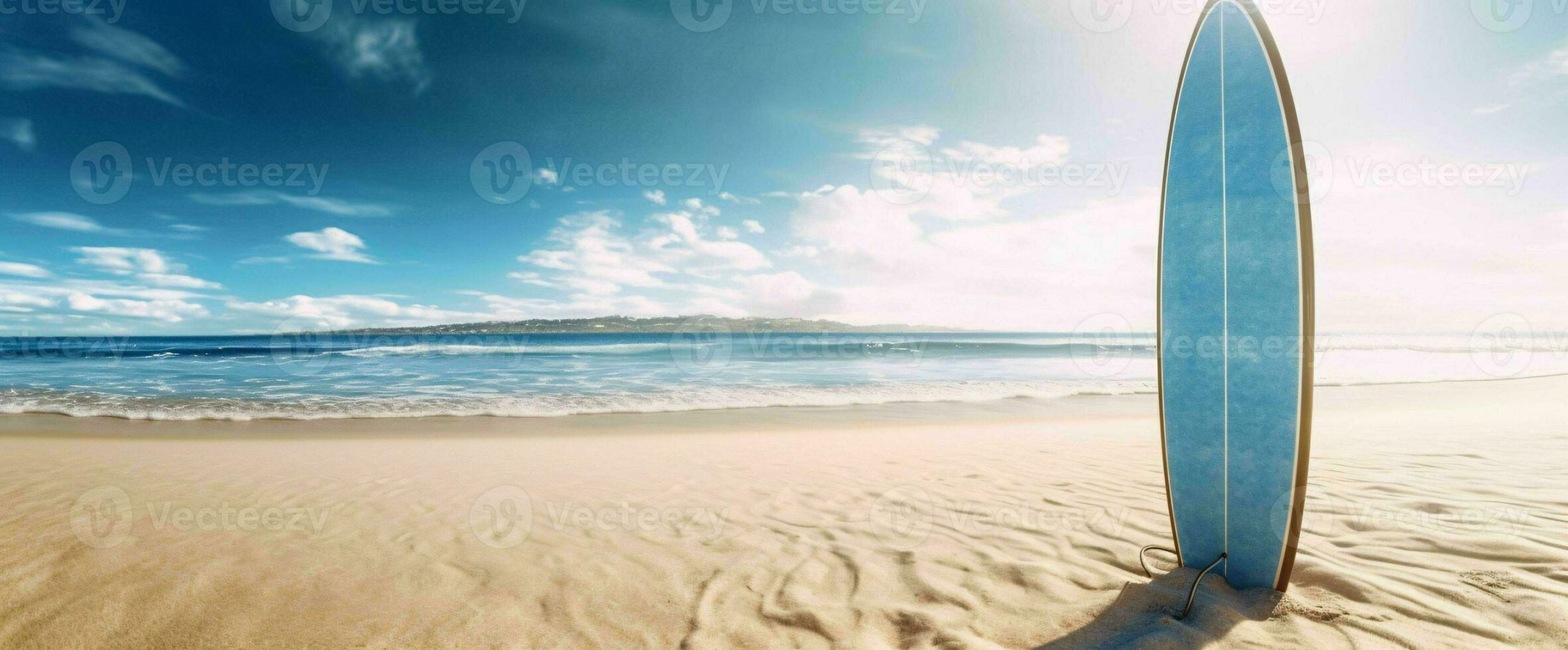 ai gerado prancha de surfe em a de praia com azul céu visualizar. generativo ai foto