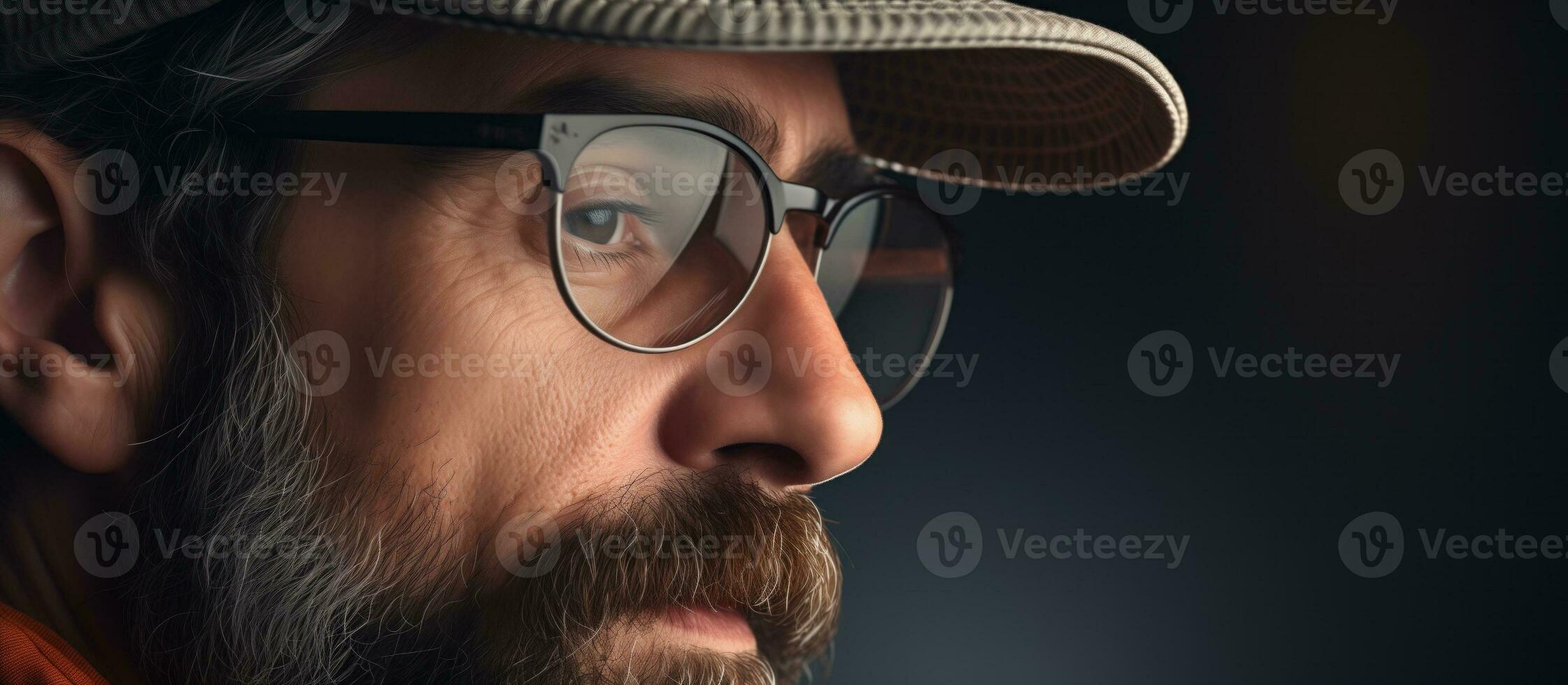 ai gerado fechar acima retrato do uma barbudo homem dentro uma chapéu e óculos foto