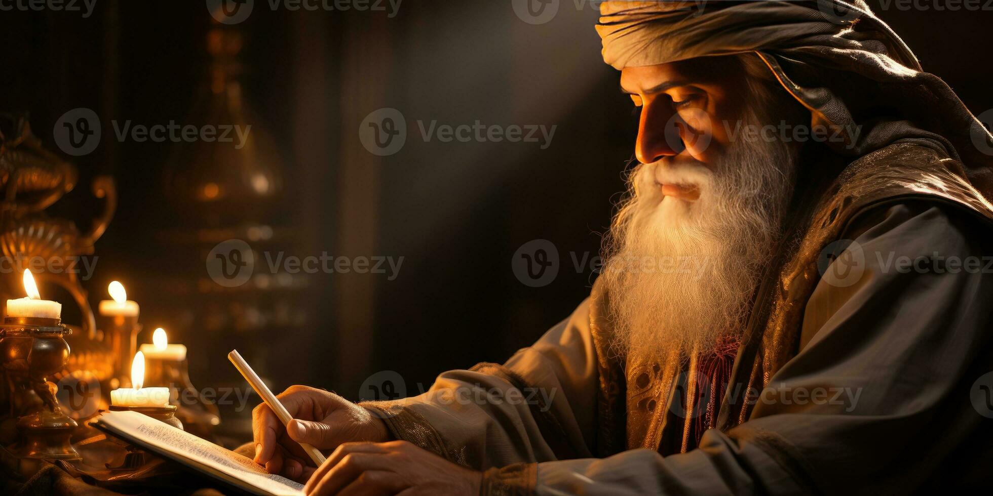 ai gerado a idosos muçulmano homem lê a al Alcorão de luz de velas. generativo ai foto