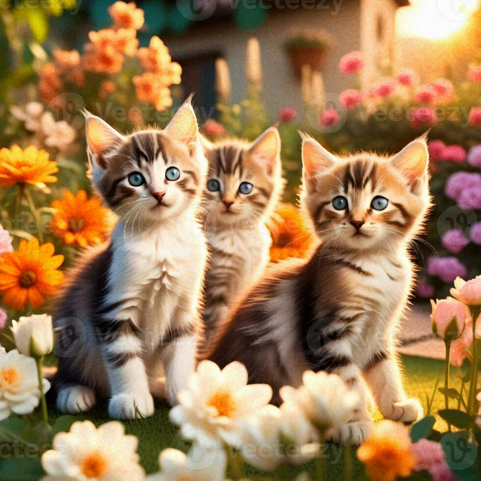 ai gerado a gatinhos dentro uma jardim cheio do flores, Leonardo David estilo, colocar grande quantidade do detalhes dentro a fundo com a pôr do sol foto