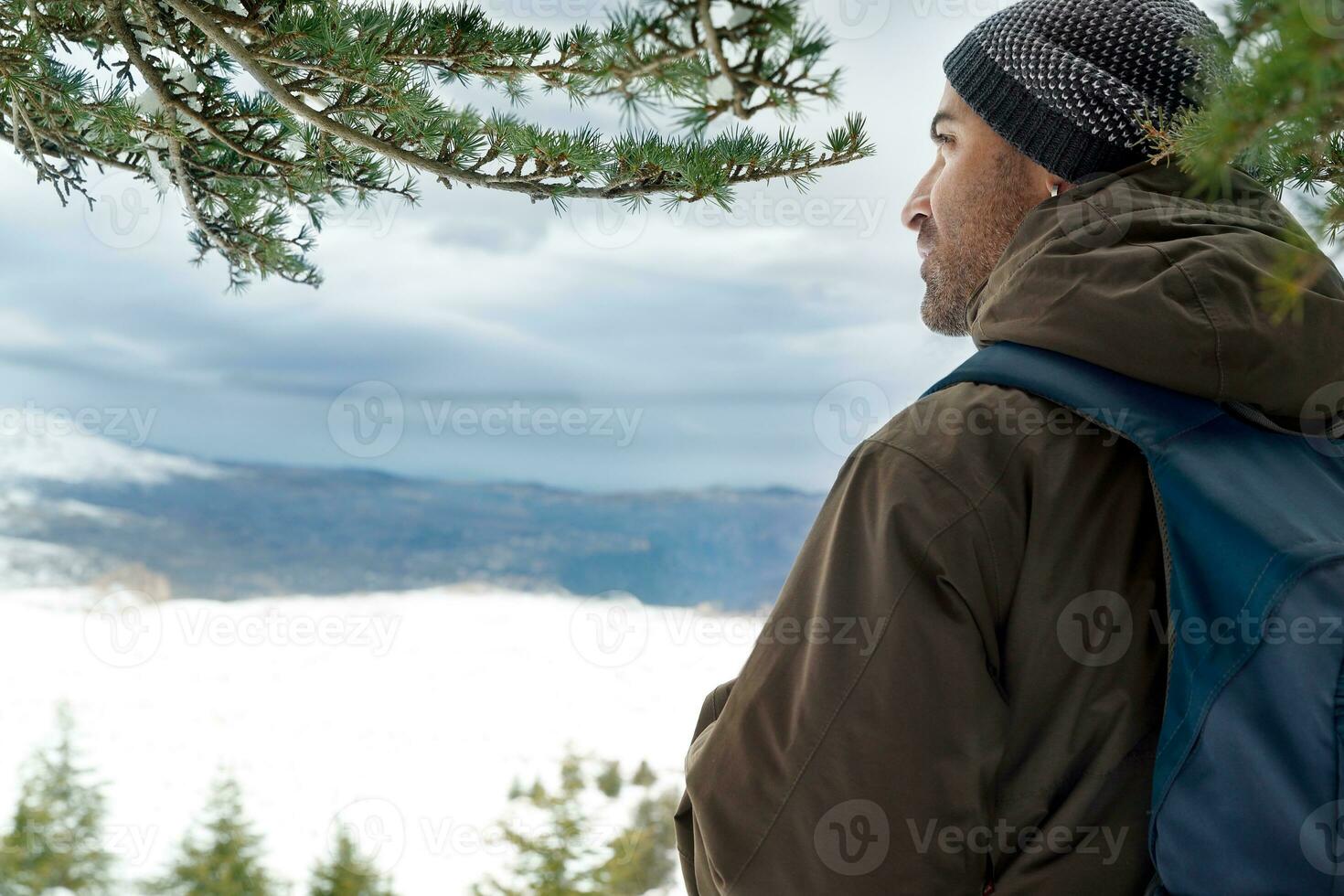 viajante dentro a Nevado montanhas foto