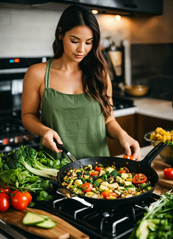 ai gerado foto cozinhar trabalho com legumes às cozinha Comida conteúdo O Criador imagem de ai gerador