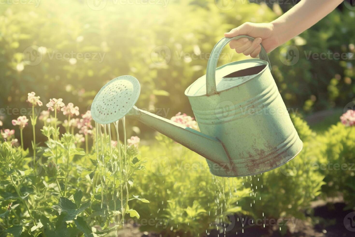 ai gerado mulher com rega pode dentro jardim. ai gerado. foto